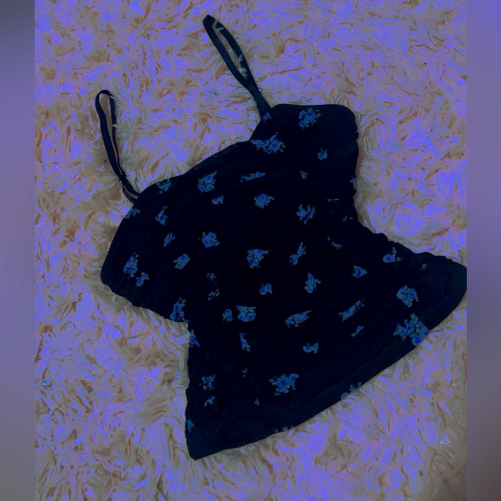 Black silky, cropped tank with blue flowers